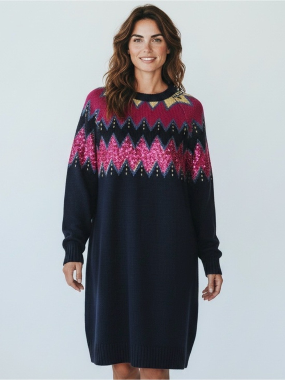 🫶🏻 Solutions Navy Knit Sweater Dress with Pink Chevron Sequin Yoke